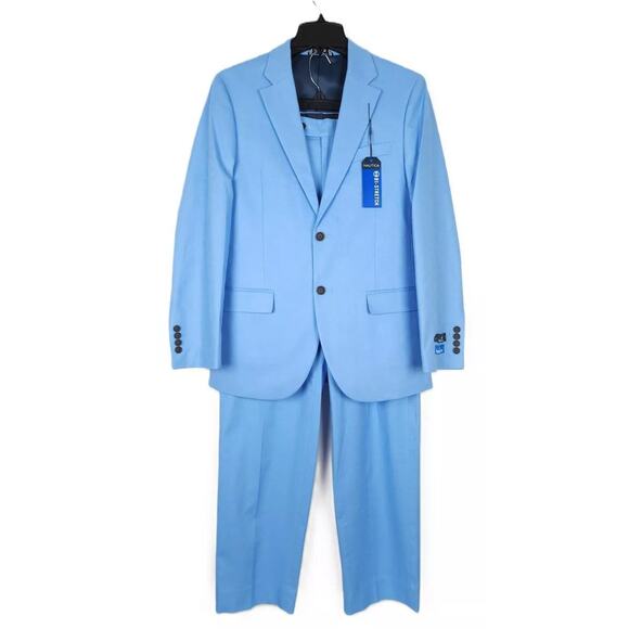 Nautica Mens Modern Fit 2 Piece Suit 36R 30x32 Light Blue Stretch Linen Cotton